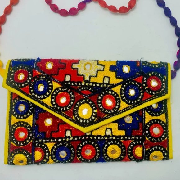 Handmade Multicolor Cross Bag, Ethnic Tribal Bag With Thread Work and Mirrors - Picture 3 of 5